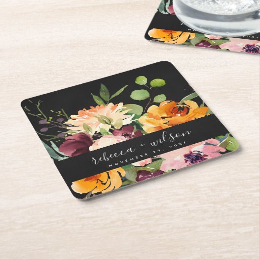 ブラック赤面イエローオレンジフローラバンチ結婚ーズ スクエアペーパーコースター (アングル)