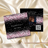 ブラック赤面ピンクグリッタープロフィール写真qrコード スクエア名刺