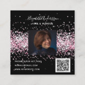 ブラック赤面ピンクグリッタープロフィール写真qrコード スクエア名刺 (裏面)