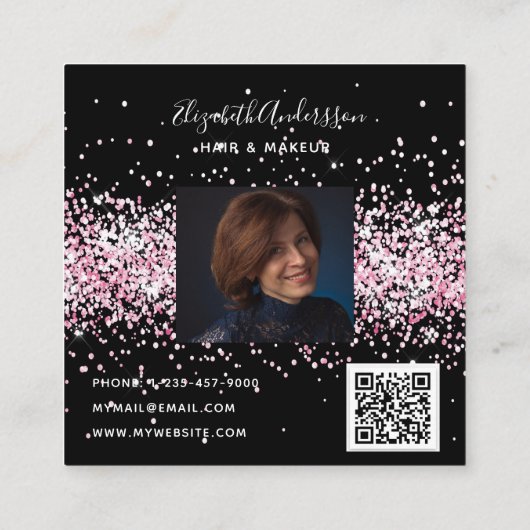 ブラック赤面ピンクグリッタープロフィール写真qrコード スクエア名刺 (裏面)