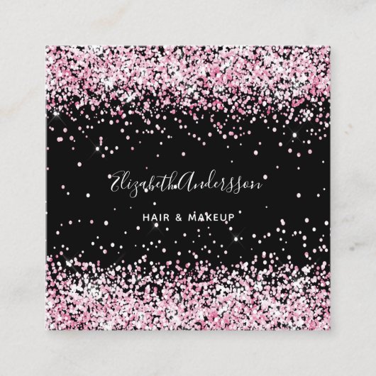 ブラック赤面ピンクグリッタープロフィール写真qrコード スクエア名刺 (正面)