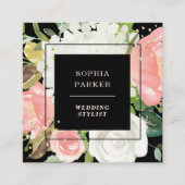 ブラック赤面ピンクフローラとフェイク金ゴールド スクエア名刺 (正面)