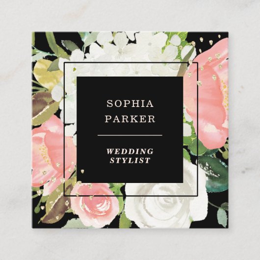 ブラック赤面ピンクフローラとフェイク金ゴールド スクエア名刺 (正面)