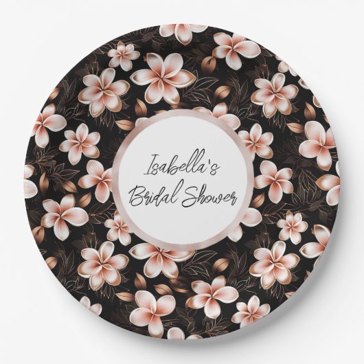 ブラック赤面ピンクローズ金ゴールドフローラブライダルシャワー ペーパープレート (正面)