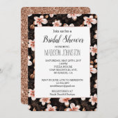 ブラック赤面ピンクローズ金ゴールドフローラブライダルシャワー 招待状 (正面/裏面)