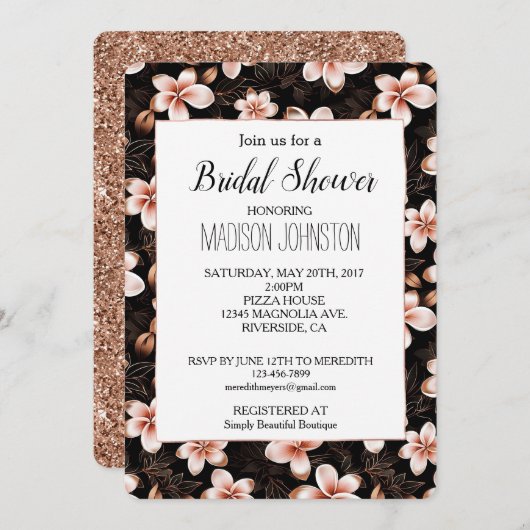ブラック赤面ピンクローズ金ゴールドフローラブライダルシャワー 招待状 (正面/裏面)