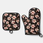 ブラック赤面ピンクローズ金ゴールドフローラブライダルシャワー 鍋つかみ&鍋敷きセット (正面)