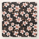 ブラック赤面ピンクローズ金ゴールドフローラ ガラスコースター (正面)