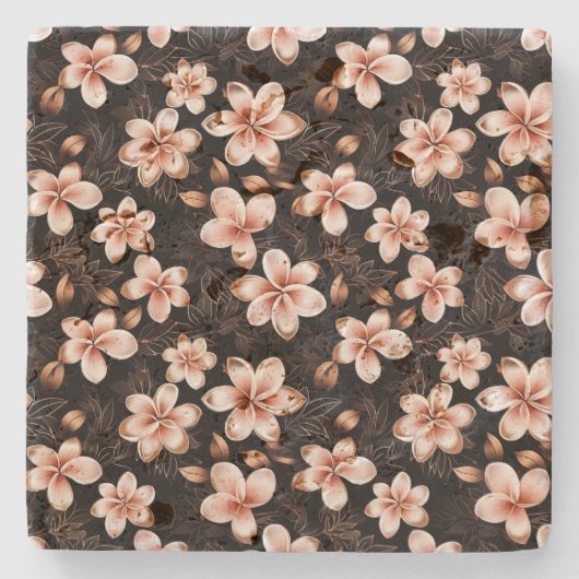 ブラック赤面ピンクローズ金ゴールドフローラ ストーンコースター (正面)