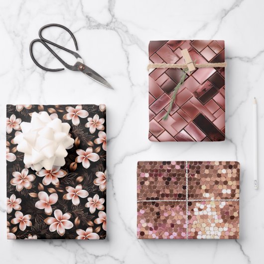 ブラック赤面ピンクローズ金ゴールドフローラ ラッピングペーパーシート (正面)