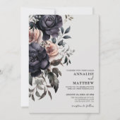 ブラック赤面ピンク結婚フローラ 招待状 (正面)