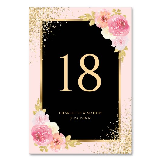 ブラック赤面ピンク金ゴールド紙吹雪水彩フローラ テーブルナンバー (正面)