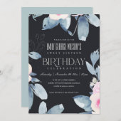 ブラック赤面ブルーフローラスウィート16任意の年齢誕生日 招待状 (正面/裏面)