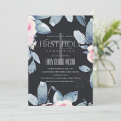 ブラック赤面ブルーフローラバンチファースト聖餐式 招待状 (スタンド正面)