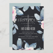ブラック赤面ブルーフローラバンチファースト聖餐式 招待状 (正面/裏面)