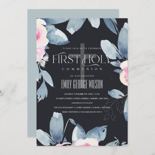 ブラック赤面ブルーフローラバンチファースト聖餐式 招待状 (正面/裏面)