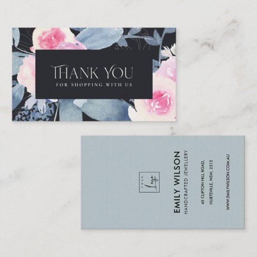 ブラック赤面ブルーフローラビジネス感謝状ロゴ 名刺 (正面/裏面)