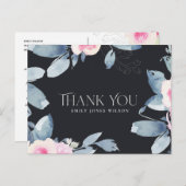 ブラック赤面ブルーフローラ任意の年齢誕生日ありがとう 案内ポストカード (正面/裏面)