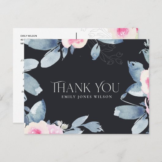 ブラック赤面ブルーフローラ任意の年齢誕生日ありがとう 案内ポストカード (正面/裏面)