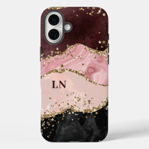 ブラック赤面金ゴールドグリッターアゲートモノグラム iPhone 16 PLUSケース