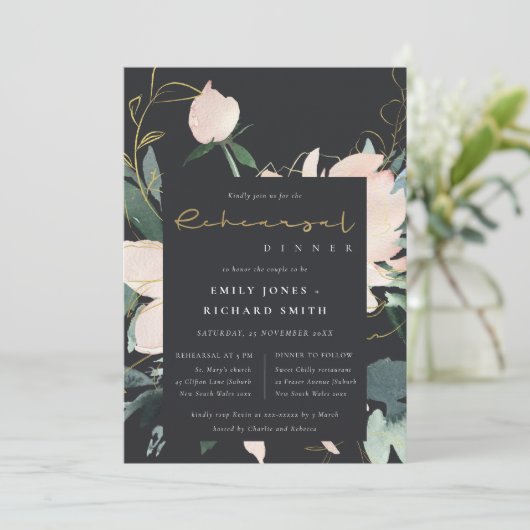 ブラック赤面金ゴールドフローラウォーターカラーリハーサルディナー 招待状 (スタンド正面)