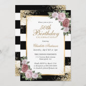 ブラック赤面金ゴールド紙吹雪フローラ50誕生日 招待状 (正面/裏面)