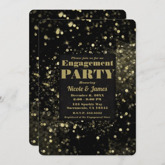 ブラック金ゴールドきらめくライツグラム婚約パーティ 招待状 (正面/裏面)