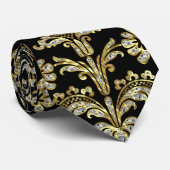 ブラック金ゴールドとダイヤモンドフローラのダマスパターン ネクタイ (ロール)