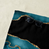 ブラック金ゴールドとティール（緑がかった色）アガテ、モノグラムとホワイトネーム ビーチタオル (インサイチュ)