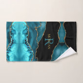 ブラック金ゴールドとティール(緑がかった色)アガテ、モノグラムと金ゴールド名 バスタオルセット (ハンドタオル)