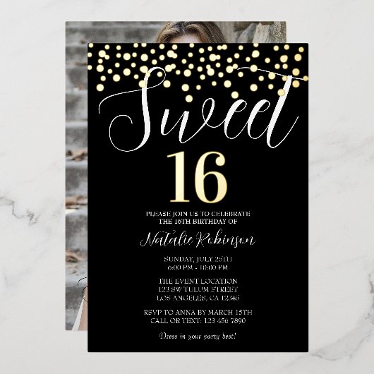 ブラック金ゴールドとホワイト甘い16紙吹雪（写真あり） 箔招待状 (正面/裏面)