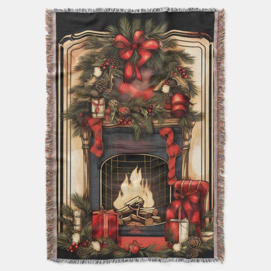 ブラック金ゴールドとレッドヴィンテージ暖炉ガーランド スローブランケット (正面縦)