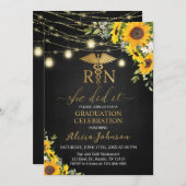 ブラック金ゴールドひまわりRN看護学校卒業 招待状 (正面/裏面)
