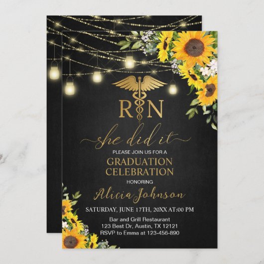ブラック金ゴールドひまわりRN看護学校卒業 招待状 (正面/裏面)