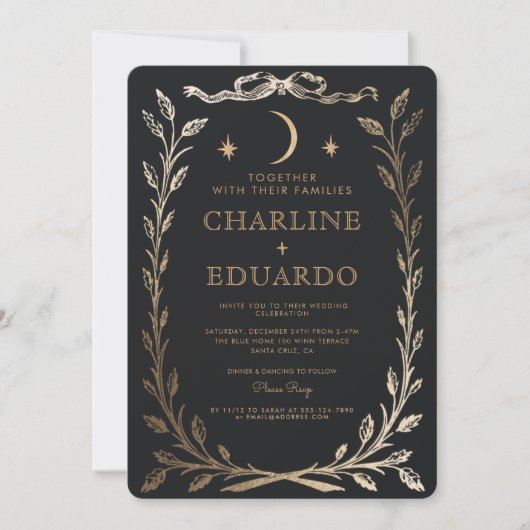 ブラック金ゴールドアイビーオーナメント結婚式招待状 招待状 (正面)