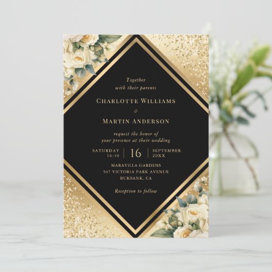 ブラック金ゴールドアイボリークリーム紙吹雪結婚フローラ 招待状 (スタンド正面)