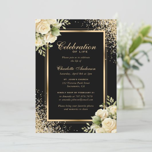 ブラック金ゴールドアイボリーフローラフォトお祝いオブ・ライフ 招待状 (スタンド正面)