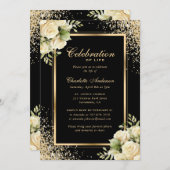 ブラック金ゴールドアイボリーフローラフォトお祝いオブ・ライフ 招待状 (正面/裏面)