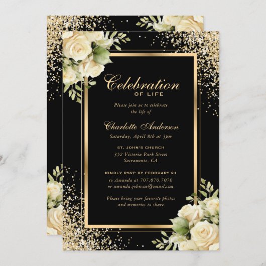 ブラック金ゴールドアイボリーフローラフォトお祝いオブ・ライフ 招待状 (正面/裏面)
