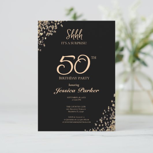 ブラック金ゴールドアガテサプライズ50誕生日 招待状 (スタンド正面)