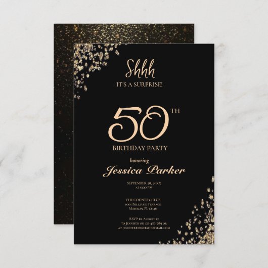 ブラック金ゴールドアガテサプライズ50誕生日 招待状 (正面/裏面)