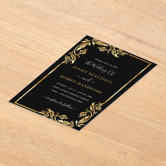 ブラック金ゴールドアクリル結婚式招待状テンプレート アクリル招待状 (レイダウン)