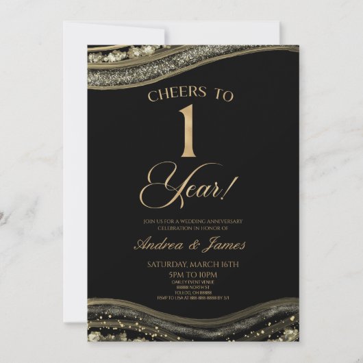 ブラック金ゴールドアゲテ結婚1周年記念パーティー 招待状 (正面)