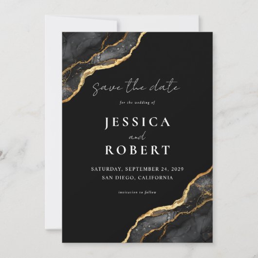 ブラック金ゴールドアゲートマーブルエレガントな結婚式 セーブザデート (正面)