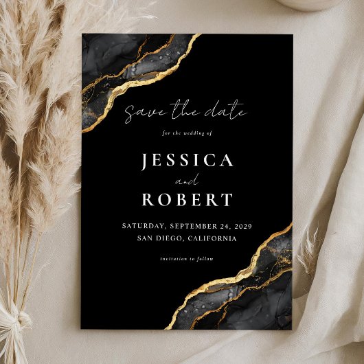 ブラック金ゴールドアゲートマーブルエレガントな結婚式 セーブザデート