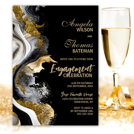 ブラック金ゴールドアゲートマーブル婚約パーティ 招待状