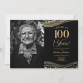 ブラック金ゴールドアゲート写真100thバースデーパーティー 招待状 (正面)