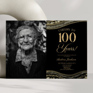 ブラック金ゴールドアゲート写真100thバースデーパーティー 招待状