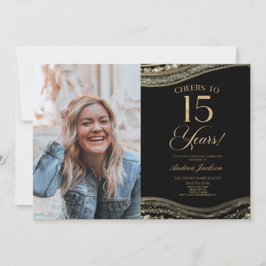 ブラック金ゴールドアゲート写真15thバースデーパーティー 招待状 (正面)