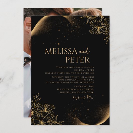 ブラック金ゴールドアルコールインクフォト結婚式招待状 招待状 (正面/裏面)
